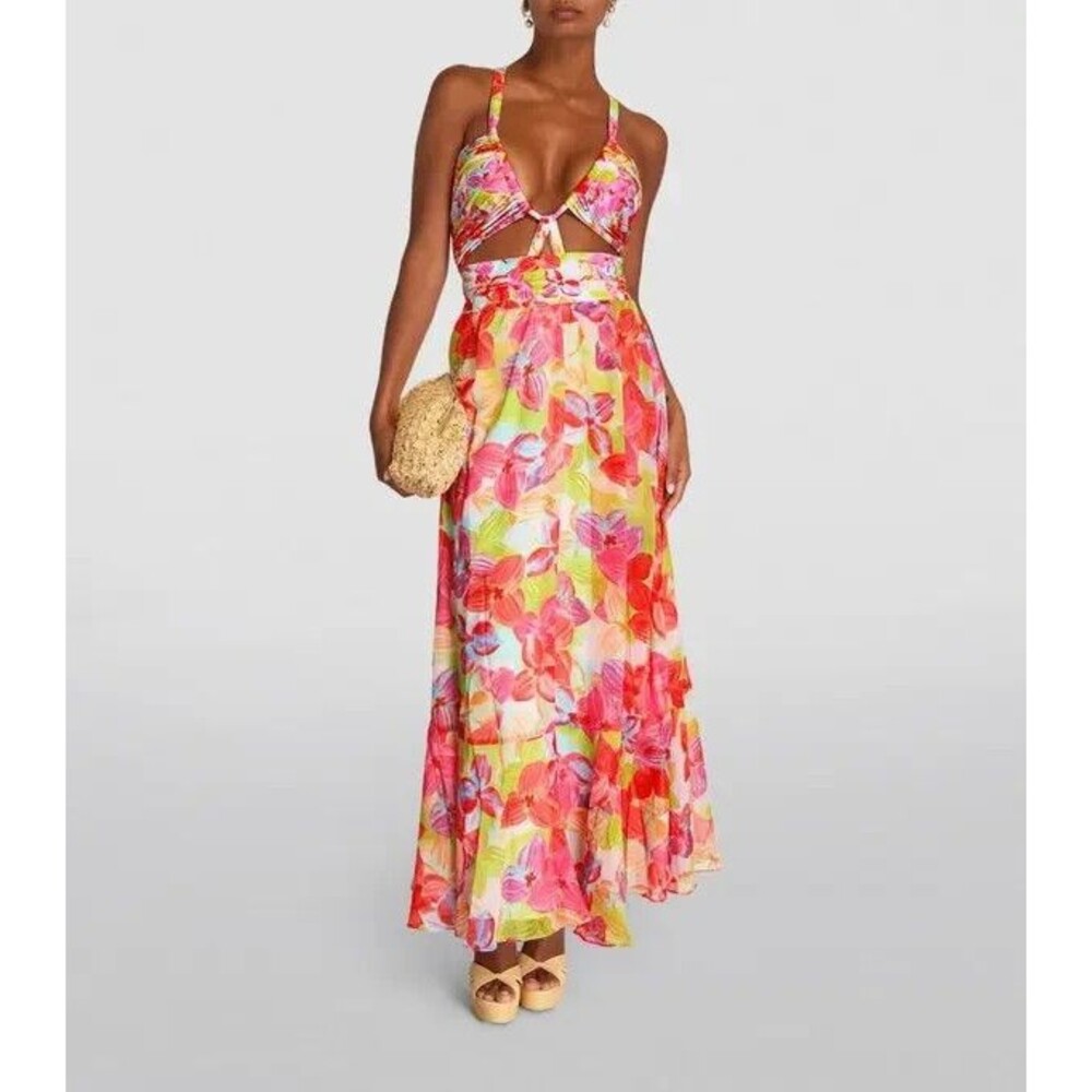 PatBO NWT Hydra Cross Front Cutout Beach Dress Pink Multi Floral Medium Resort
